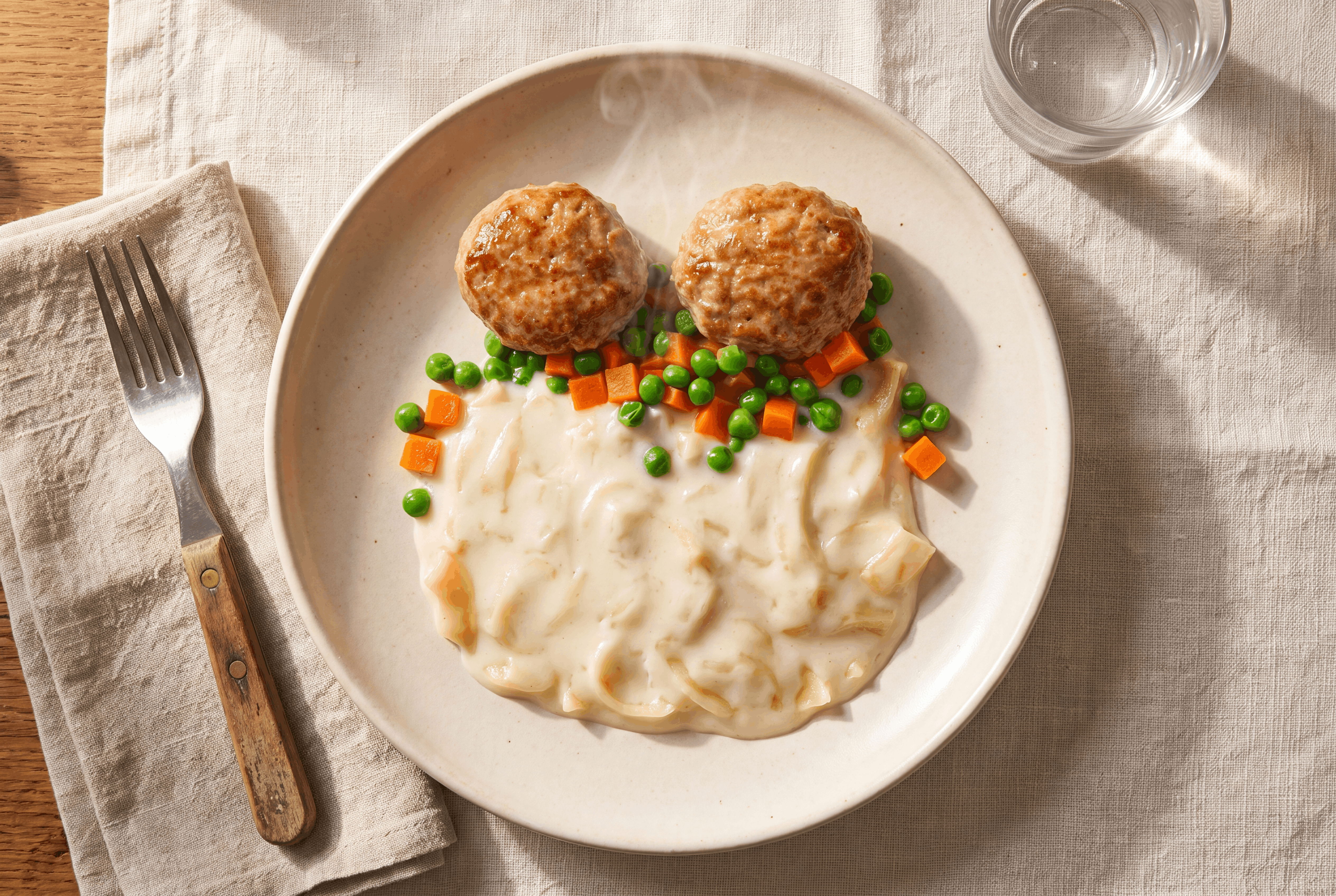 Frikadellen mit Nudeln und Käsesoße